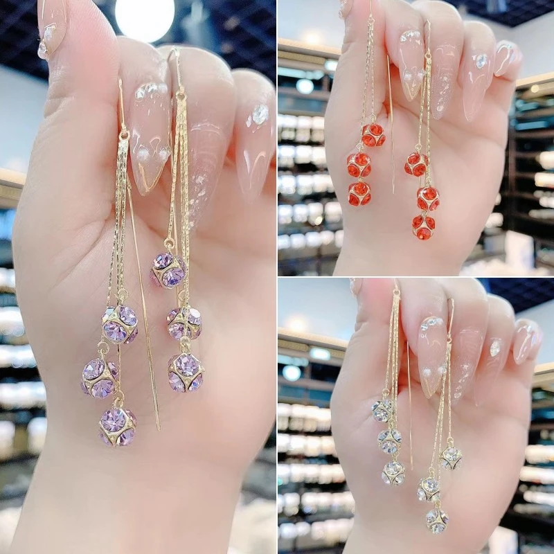 铜合金耳饰 紫色球球流苏耳线轻奢显瘦防丢耳饰品1527+1528+1529#