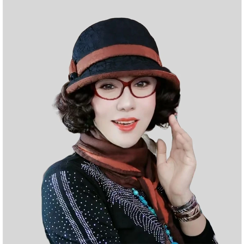 假发一体礼帽女四季款显脸小渔夫帽花边折叠复古女短假发新款秋冬