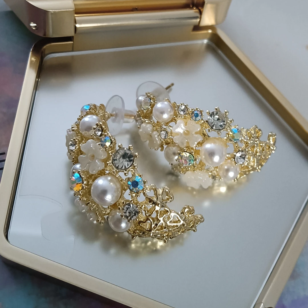 合金仿珍珠耳饰 繁花似锦仿珍珠花朵满锆耳环富贵高级耳钉超闪潮