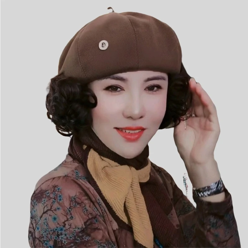 新款假发一体贝雷帽时尚百搭仿真翻翘假发妈妈帽子网红高级优雅女