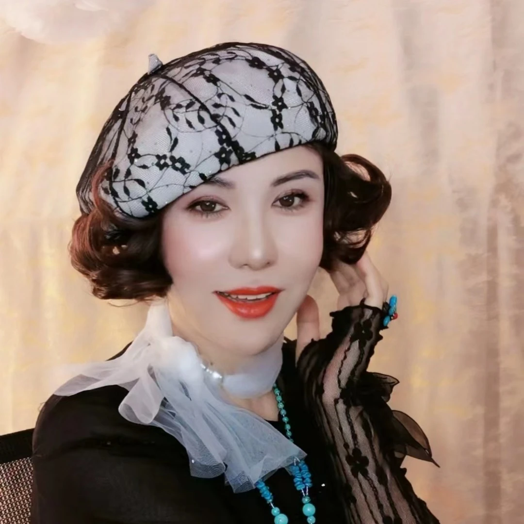 假发一体贝雷帽女四季款显脸小蕾丝满钻八角帽翻翘假发透气新款潮