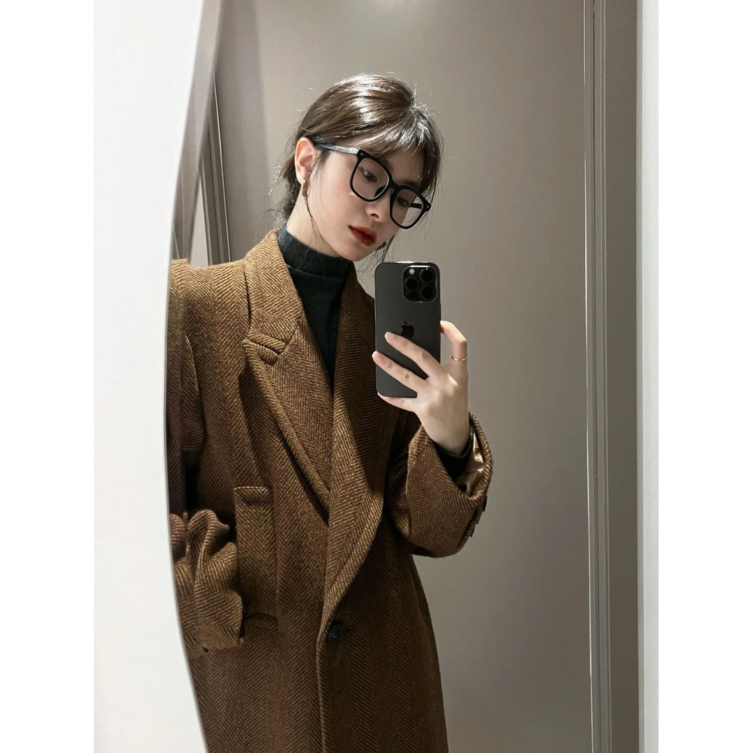 K长款呢子大衣女2024秋冬新款美拉德韩系赫本风气质加厚外套潮