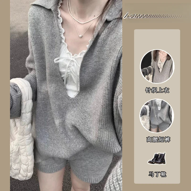 K三件套女2024秋季韩系减龄温柔风长袖衫上衣吊带背心高腰短裤