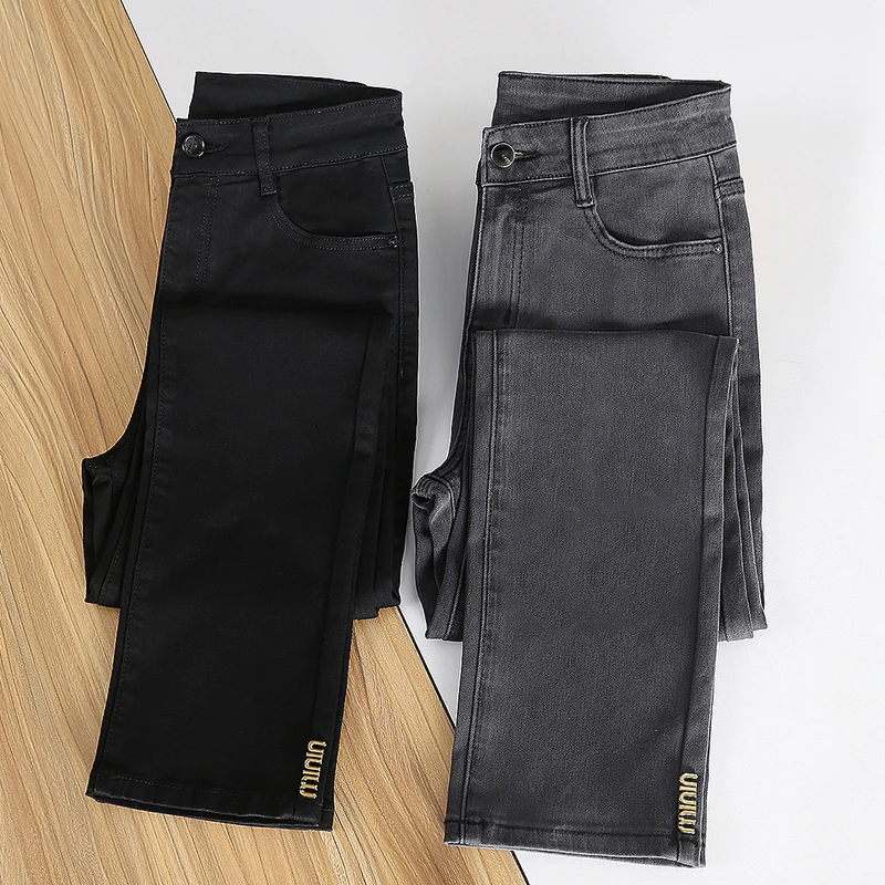 欧货加烟灰色直筒牛仔裤女小个子2025年秋冬装新款显瘦烟管裤