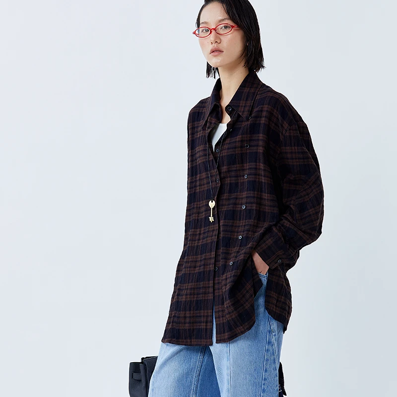 ROHEME慵懒风格纹宽松衬衫女款春秋轻奢高级感全棉中长款内搭上衣