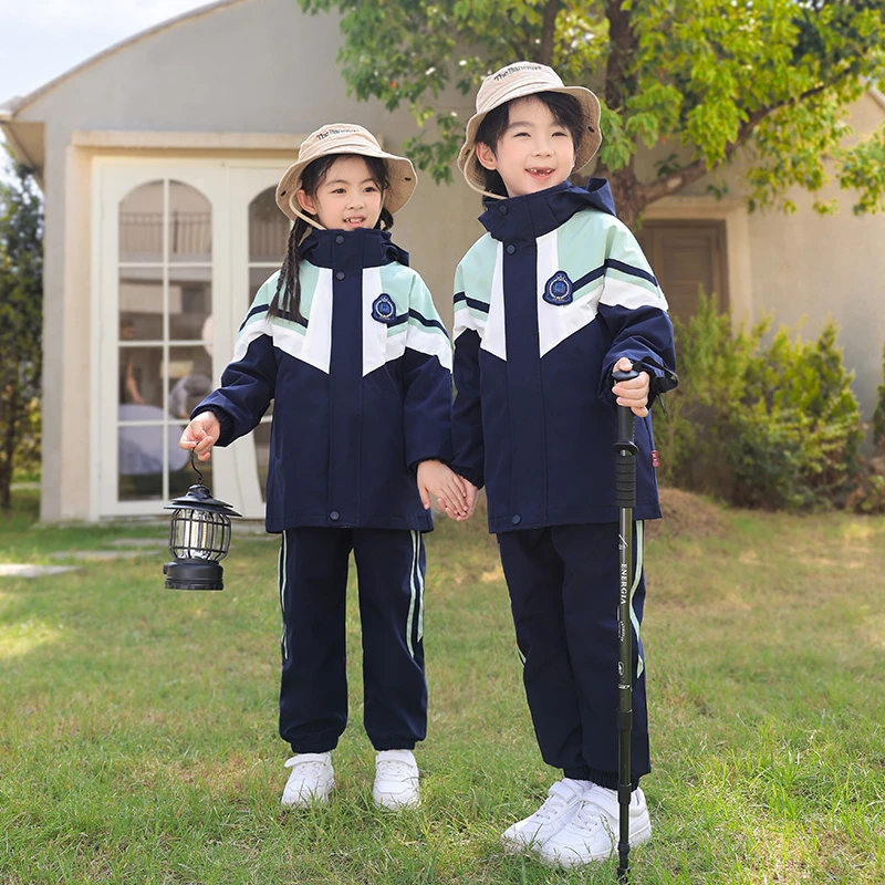 小学生校服冲锋衣三件套秋冬装绿色儿童班服套装学院风幼儿园园服
