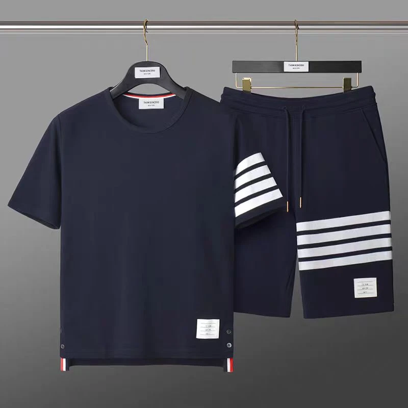 夏季套装薄款TB纯棉色织四条杠男女情侣装两件套短袖T恤穿搭短裤