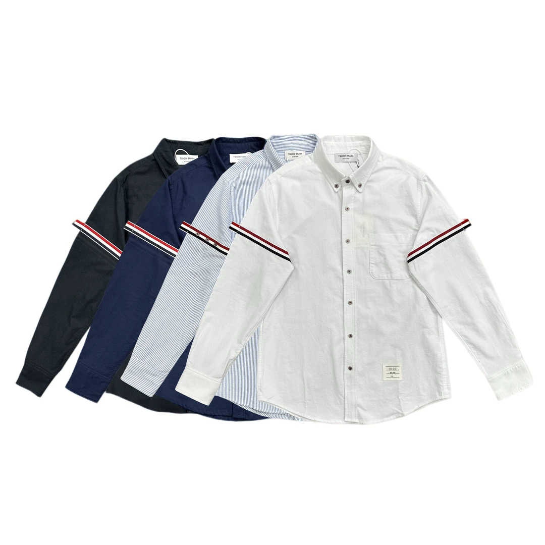 四季款TB全棉长袖商务休闲情侣款条纹衬衫四条杠男士牛津纺上衣