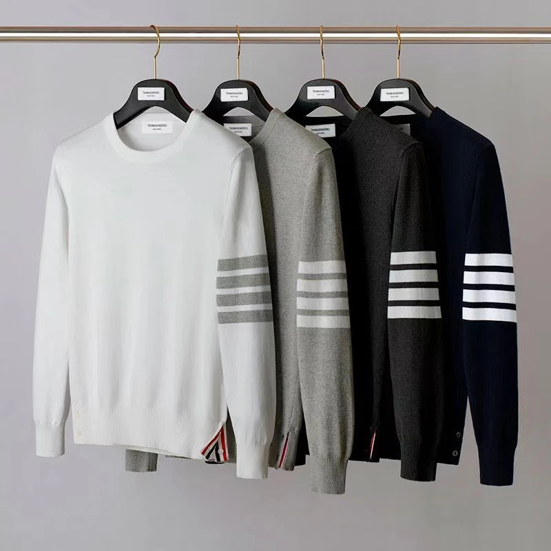春秋TB全棉色织四条杠圆领套头针织衫毛衣男女情侣打底衫修身外套