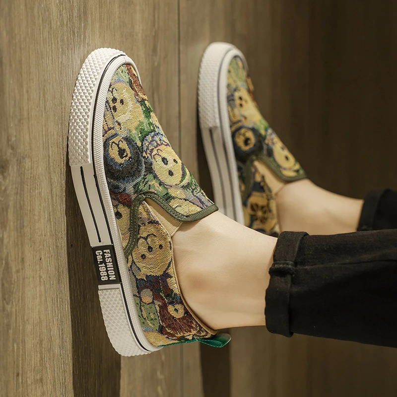 帆布鞋男款夏季透气潮流百搭运动休闲板鞋一脚蹬防滑软底印花布鞋