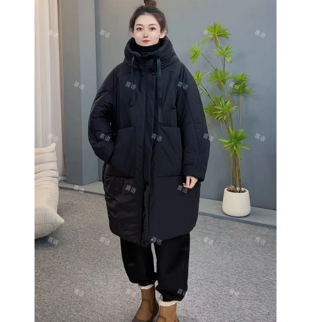 （乐言）0211长款连帽休闲设计百搭宽松夹棉棉衣