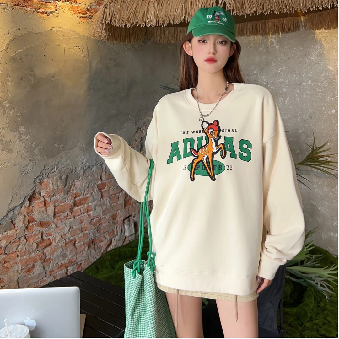 韩版宽松休闲慵懒风字母小鹿刺绣卫衣连帽