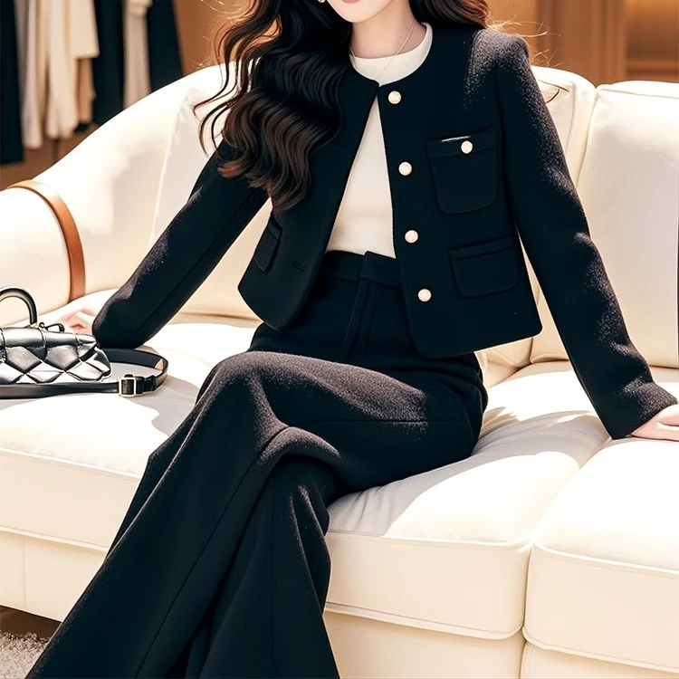 2024冬季搭配一套漂亮女装上班通勤穿搭黑色外套阔腿裤职业套装