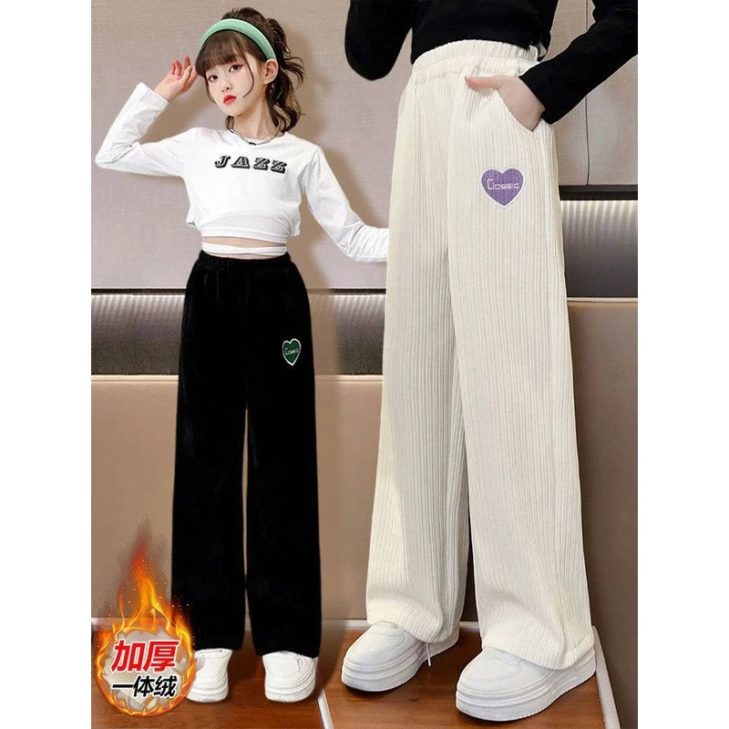 女童一体裤子冬季新款儿童中大童冬装超厚加绒阔腿裤一体绒裤子