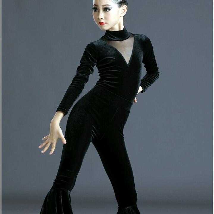 儿童秋冬练功服拉丁舞服女网红比赛服女童丝绒长袖演出训练服套装