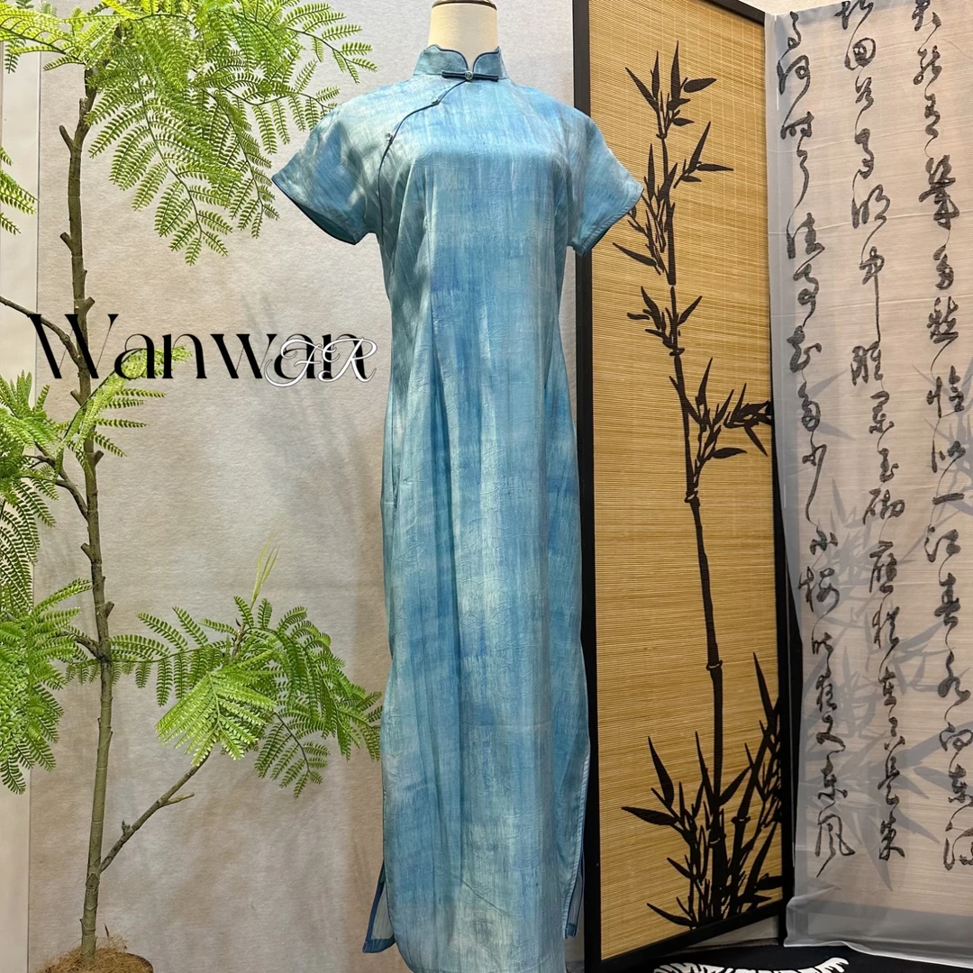 婉婉夫人 复古新中式旗袍【蓝烟云】春夏修身中国风旗袍清新显瘦