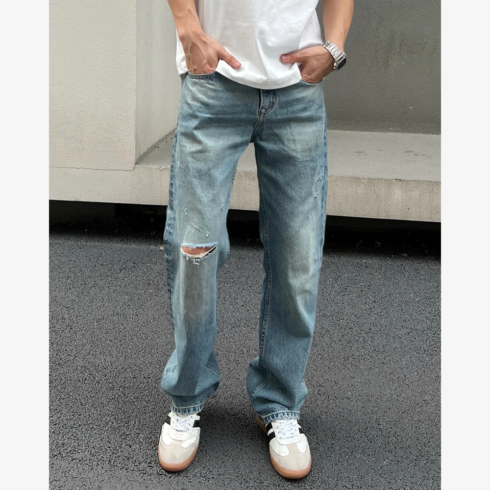 YIHAO STUDIO夏季新款男士美式破洞牛仔裤蓝色直筒休闲水洗长裤