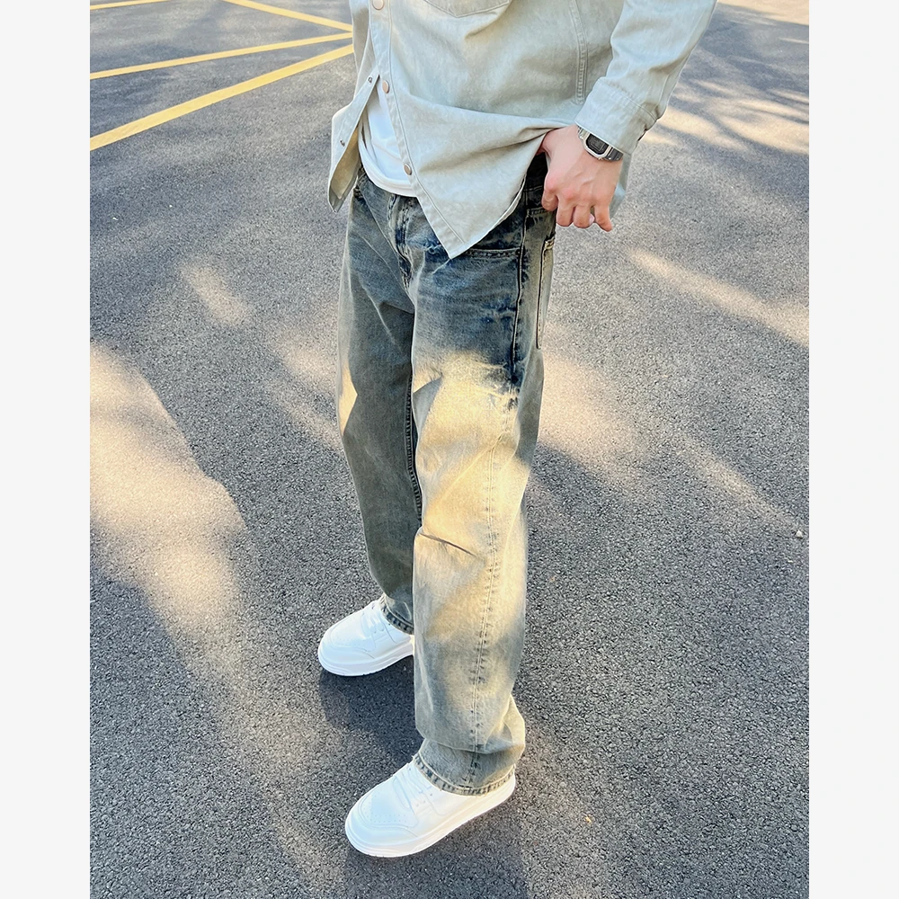 YIHAO STUDIO秋季新款男士水洗美式牛仔裤复古休闲宽松直筒长裤