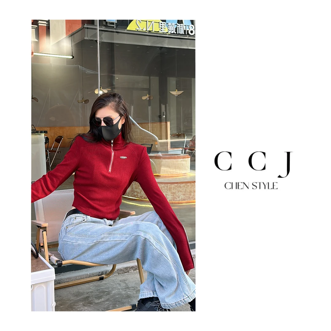 楚楚君~【酷调打底】T25149半拉链加绒加厚显瘦手袖设计感打底上