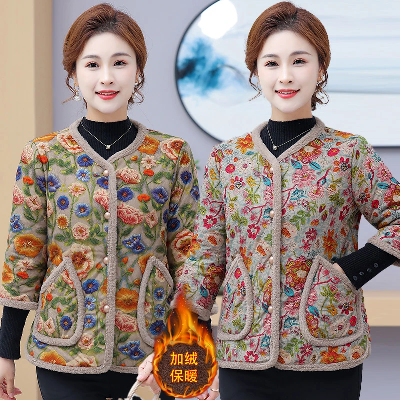 冬季新品加绒加厚新中式碎花七分袖棉衣女中老年妈妈装棉服外套