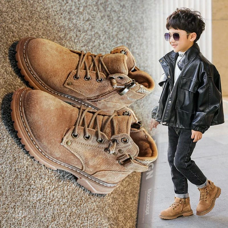 儿童靴子秋冬季新款男童单靴真皮马丁靴中大童短靴加绒棉童鞋