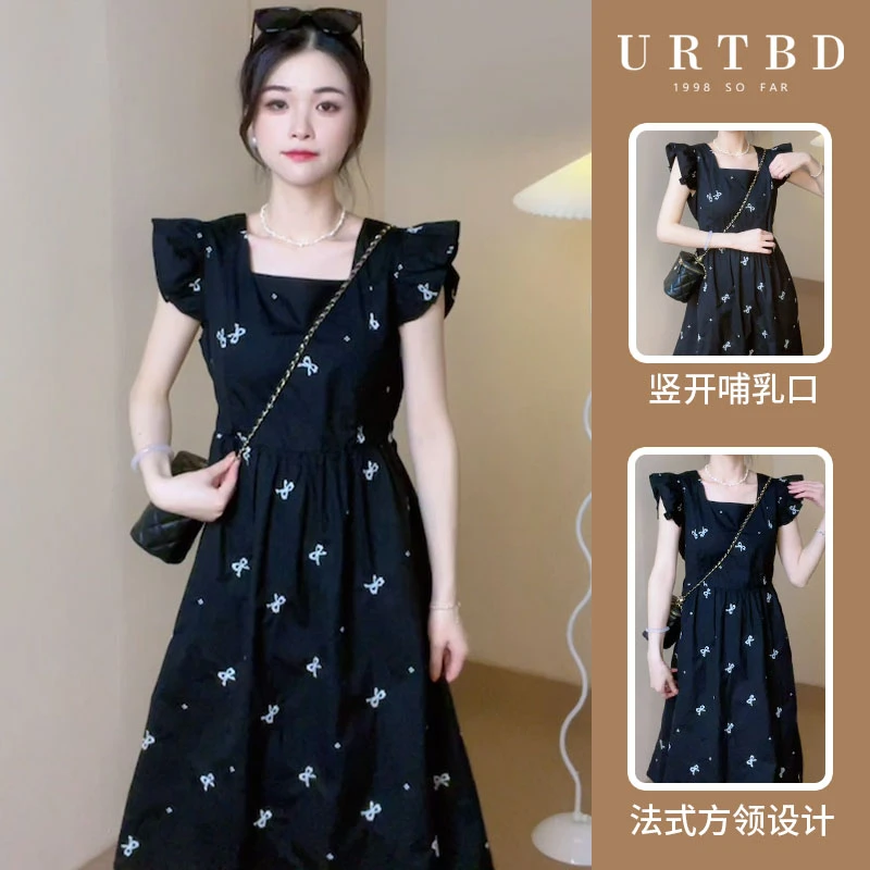 方领蝴蝶结碎花飞飞袖甜美刺绣淑女无袖孕妇产后哺乳衣喂奶连衣裙