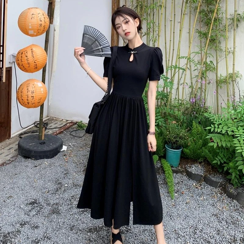 黑色开叉旗袍时尚改良款温柔风纯色新中式气质孕妇产后哺乳小个子