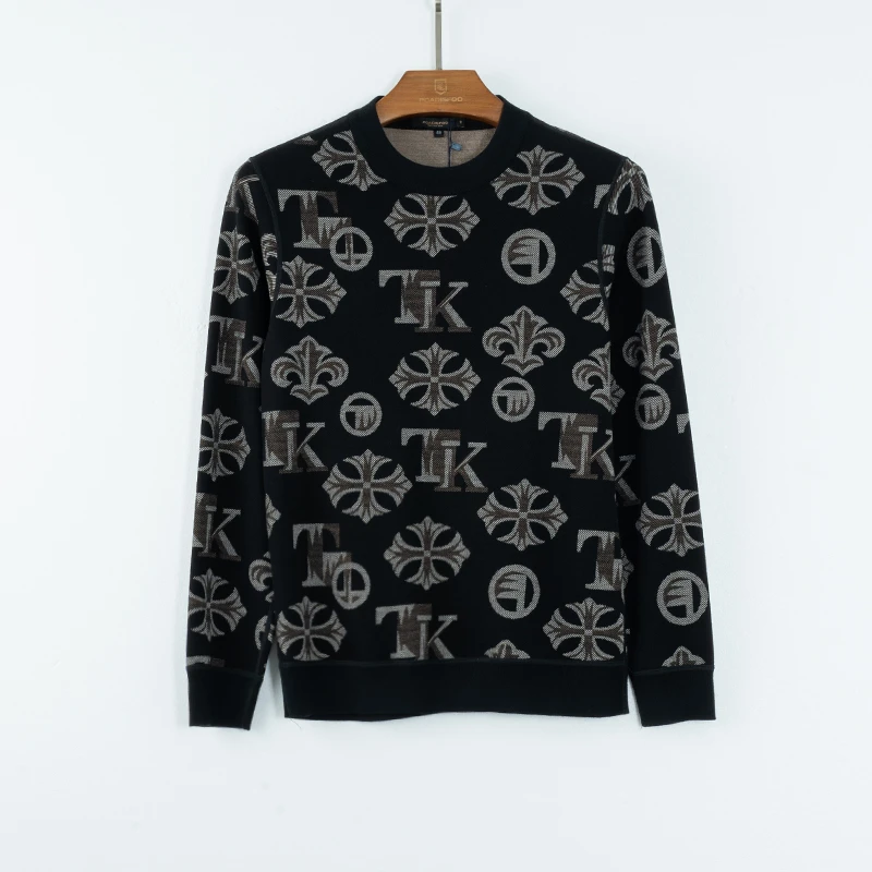 佰迪夫春款男士百搭格子圆领卫衣时尚男修身印花男装保暖42806