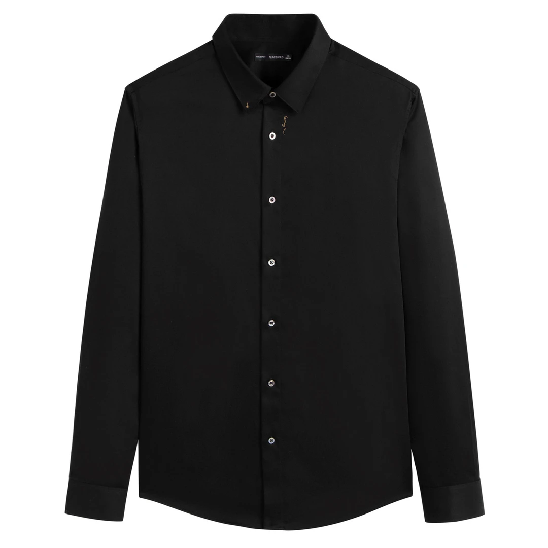 PEACEBIRD/太平鸟百搭金线春季刺绣简约修身黑衬衫男士 B1CAC1X26