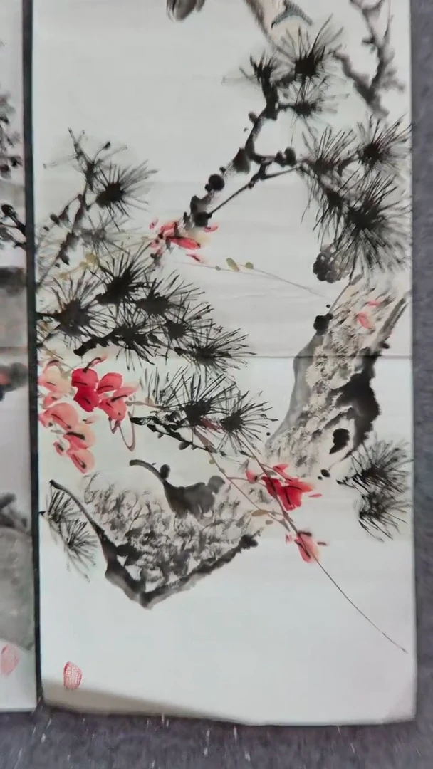 【闪购商品】绘画花鸟鹦鹉雪鹰对屏