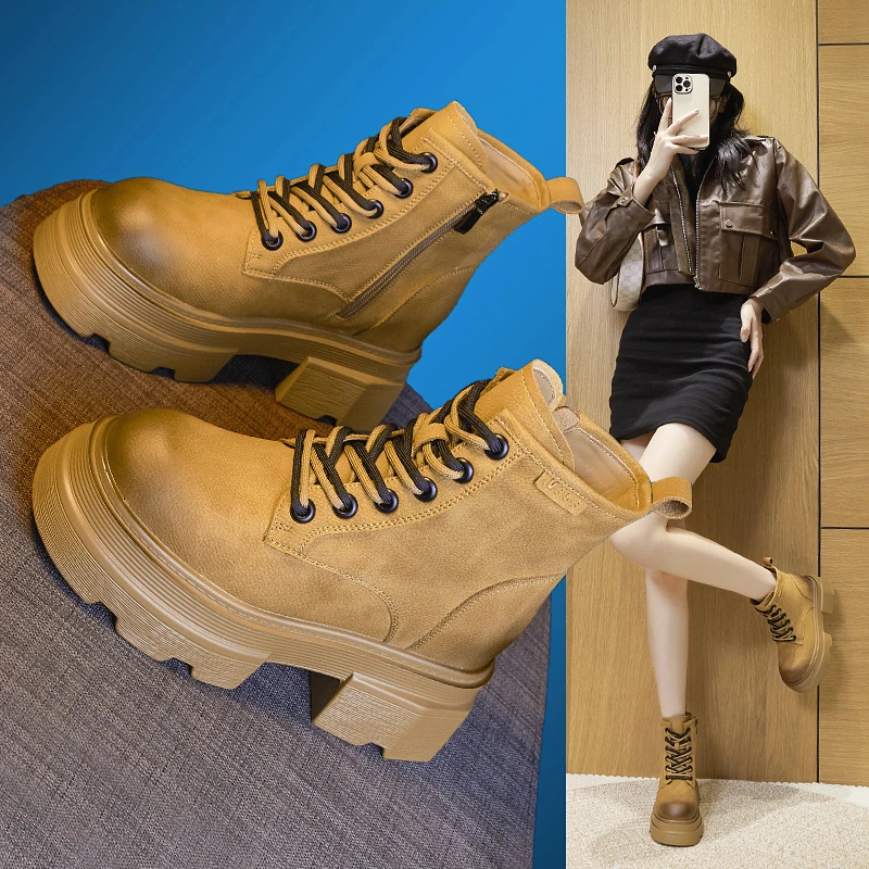 马丁靴女款爆款2024新款春秋单靴英伦风真皮厚底内增高短靴大黄靴