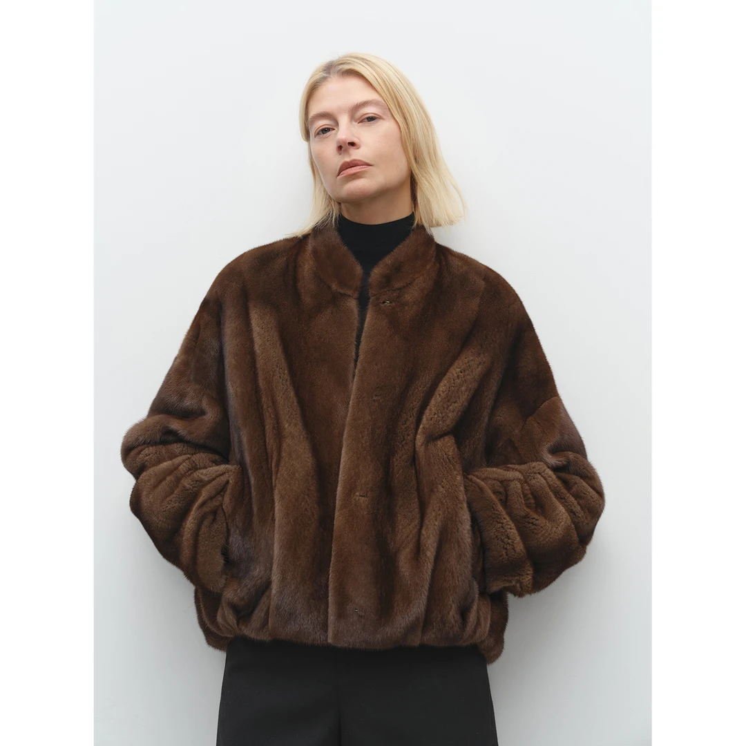 MSBEAST时髦捏褶弯刀袖小棒球领天鹅绒水貂皮草短外套丨慕尼蔷薇