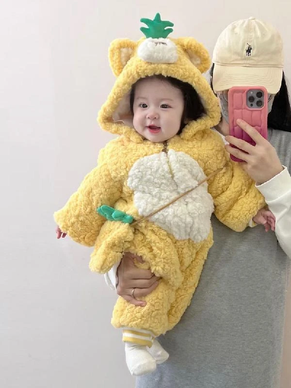 婴儿冬季衣服超萌加厚连体衣宝宝冬装夹棉保暖外出服洋气毛绒哈衣
