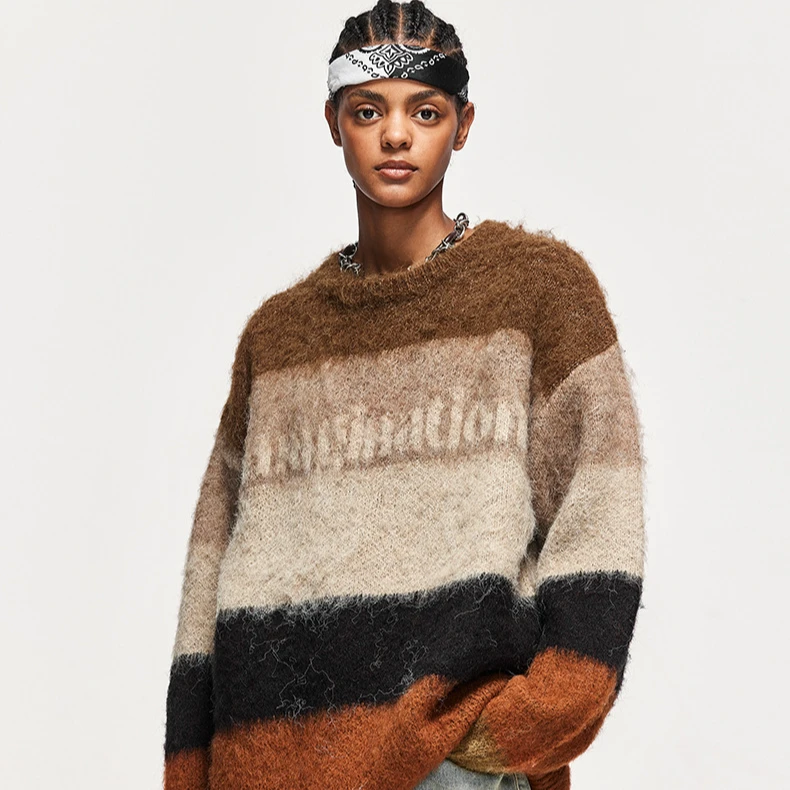 复古撞色条纹针织衫2023秋冬新款经典潮牌宽松学院风男