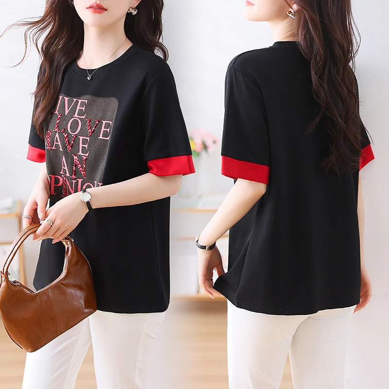印花钉珠短袖t恤女春夏欧货时尚大码上衣2024年新款休闲女装显瘦