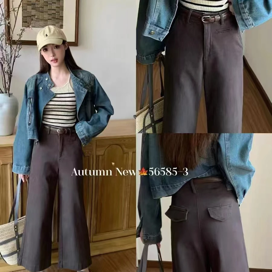 早春款牛仔水洗棉色布厚面料九分阔腿直筒奶奶裤休闲小个子裤子