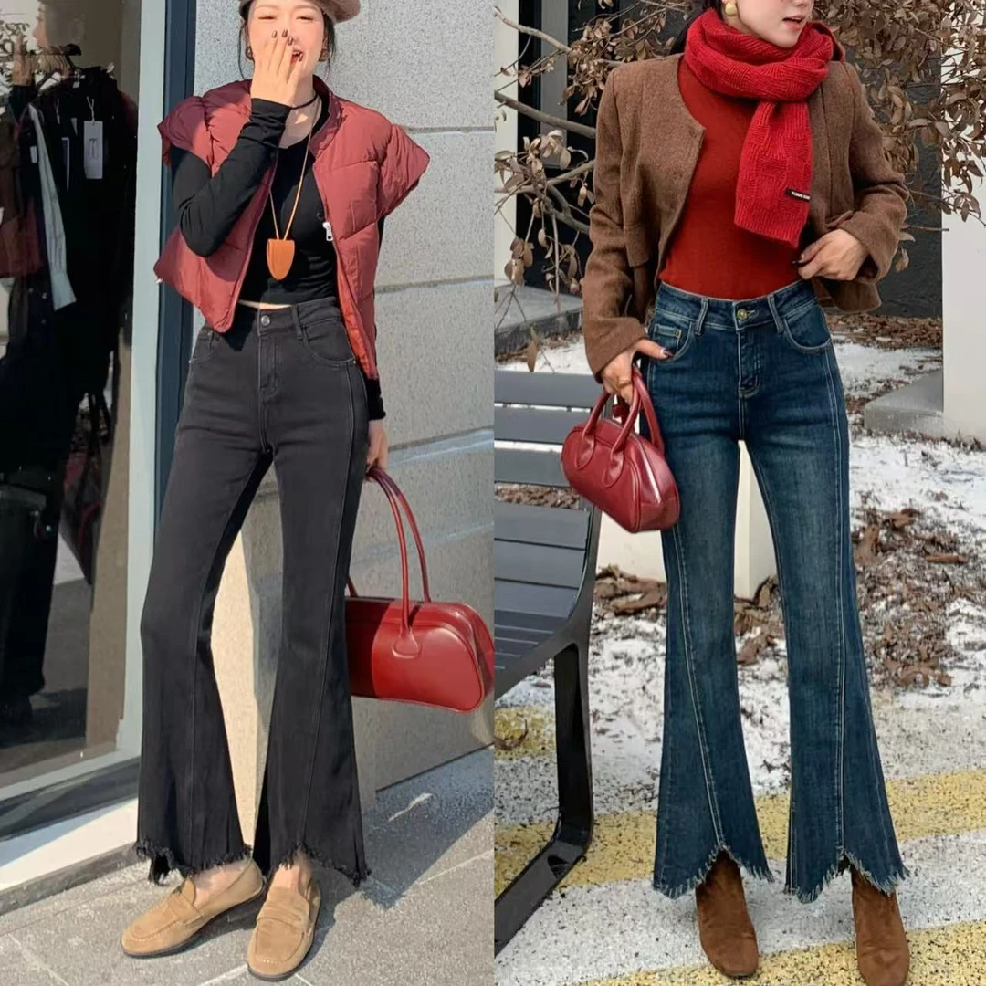 冬款加绒德绒一体绒九分微喇牛仔裤显瘦时尚小个子显高款毛边款