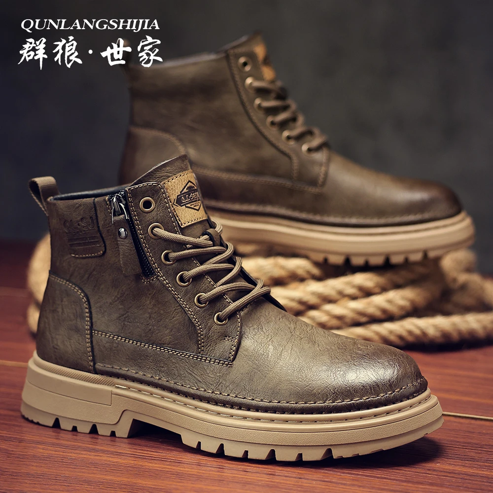 群狼·世家2025秋冬新款马丁靴男款工装鞋休闲高帮加绒真皮时装靴
