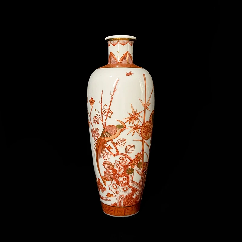 手工矶红描金花鸟赏瓶