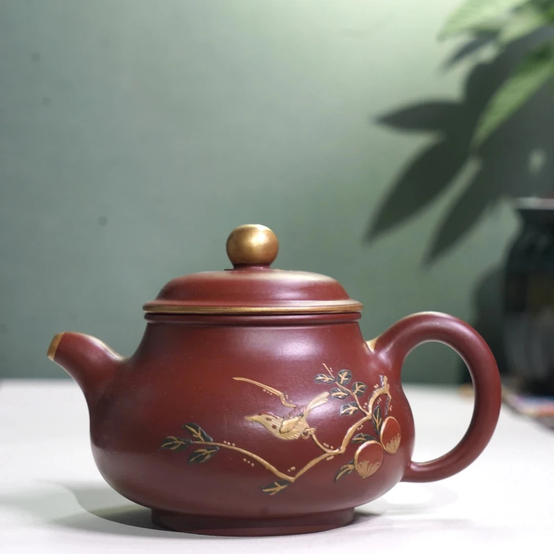 宜兴原矿大红袍容天壶手工泥绘全手工制作