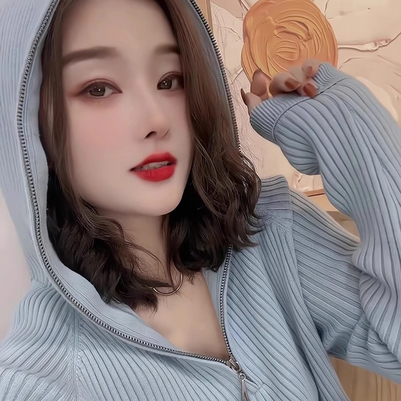 春秋上衣连帽针织衫女长袖2024年秋季新款拉链设计感宽松套头毛衣