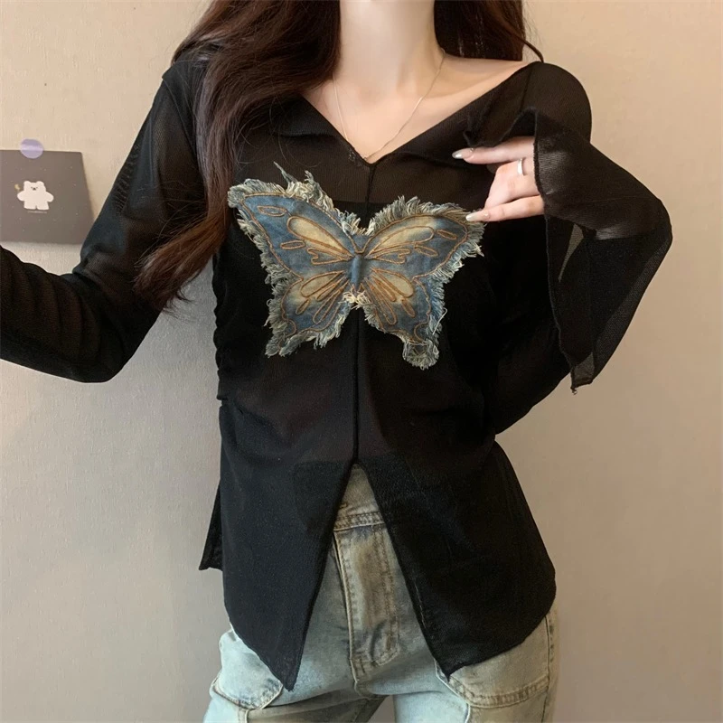 法式减龄蝴蝶刺绣V领喇叭长袖开叉收腰T恤女秋季设计感上衣打底衫