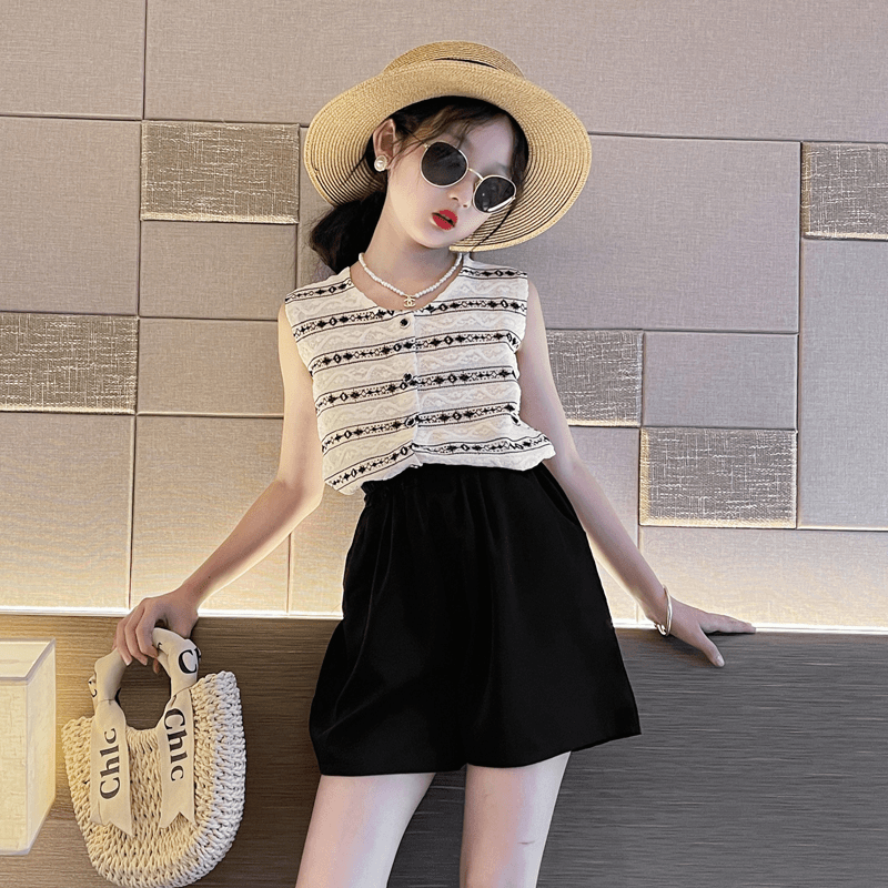 女童夏季套装2024新款大童女孩洋气小香风夏装女童夏款休闲短裤潮