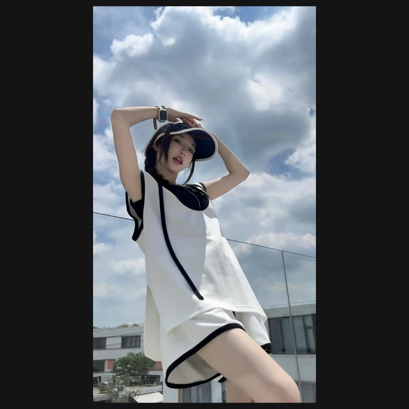 2024夏时尚休闲新款撞色连帽无袖背心套装