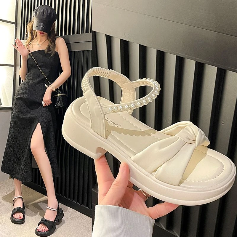 E爆款凉鞋女2025夏季新款厚底仙女风珍珠沙滩鞋软底时装鞋q