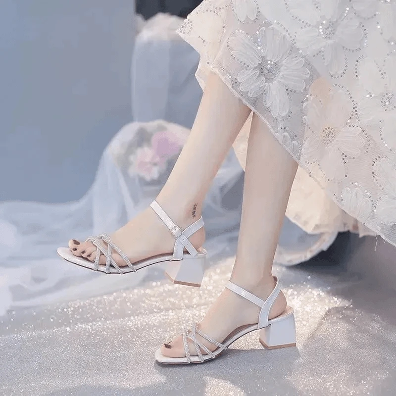 【S2025】夏季新款法式仙女风一字扣带粗跟凉鞋女方头高跟鞋女潮k