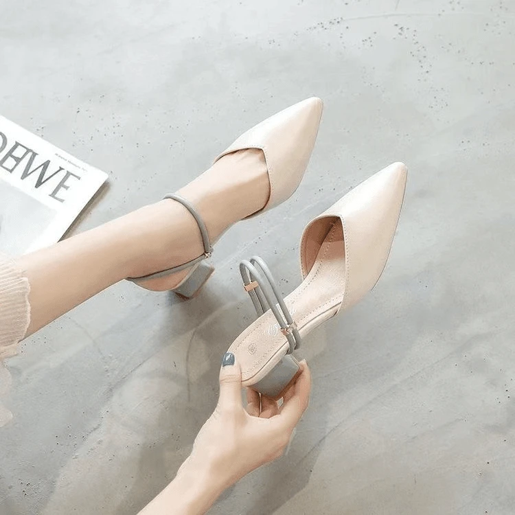 F软皮半拖鞋女夏外穿2尖头包头凉鞋女中跟粗跟两穿拖鞋k