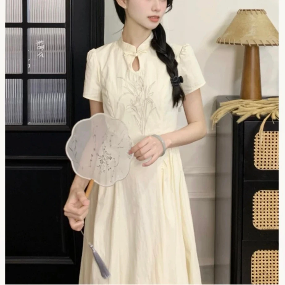 竹韵云烟新中式江南复古显瘦收腰竹子盘扣刺绣连衣裙国风气质长裙