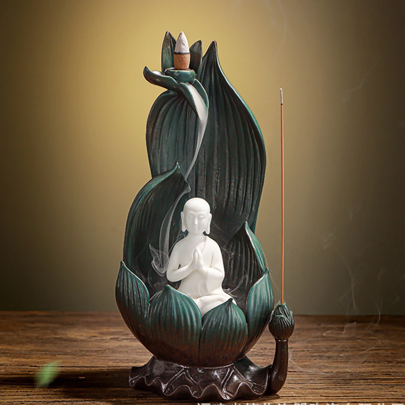 禅意小和尚创意莲花陶瓷摆件家居客厅办公桌檀香炉香薰炉倒流香炉