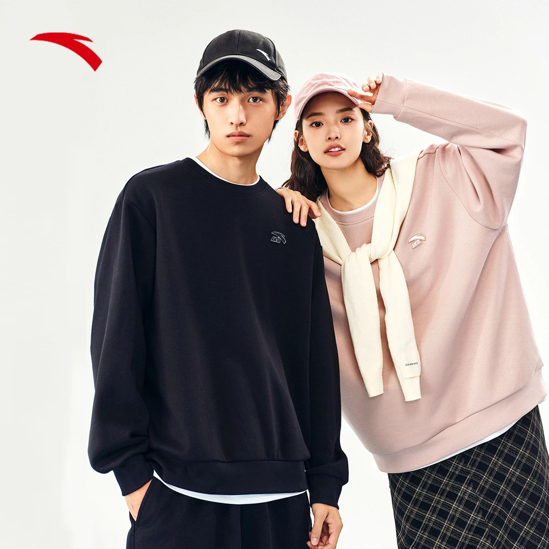 安踏休闲针织卫衣男女同款秋冬新款黑色长袖套头衫情侣款运动上衣